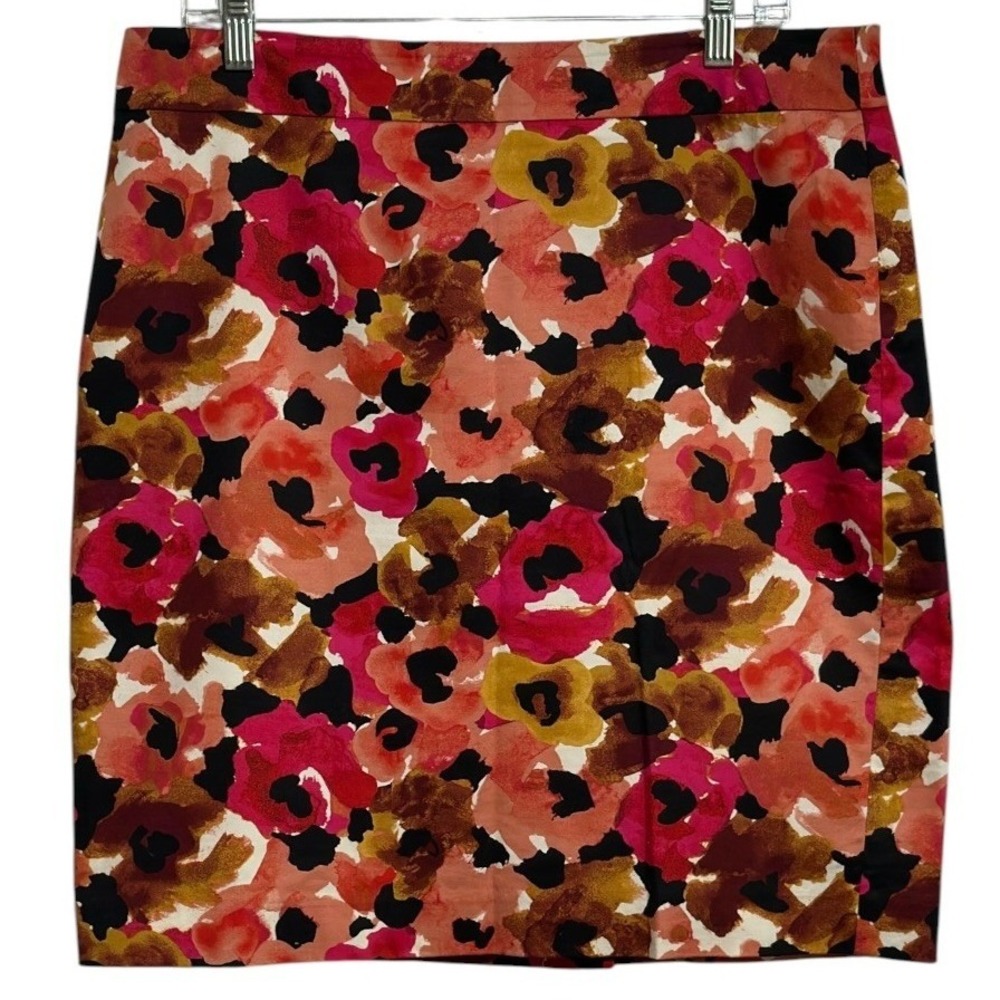 Ann Taylor Pencil Skirt Womens Pink Orange Floral Abstract Autumn Mod Career 14P